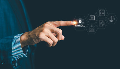 Payroll management and financial processing system. Businessman managing employee salary payments, scheduling, and efficient payroll operations with digital icons on screen.