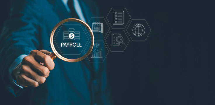 Payroll management and financial processing system. Businessman managing employee salary payments, scheduling, and efficient payroll operations with digital icons on screen.