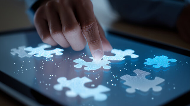 Finger touching glowing puzzle piece on tablet screen completing a digital game