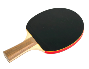 A sleek table tennis paddle featuring a smooth black surface and a wooden handle, designed for precision play.