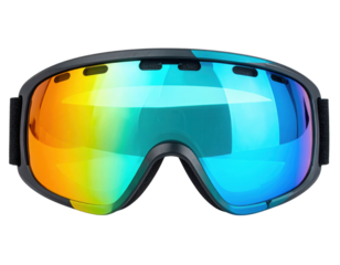A pair of colorful ski goggles featuring a sleek design and reflective lenses suitable for winter sports.