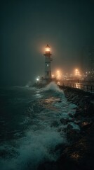 Fototapeta premium Luminous lighthouse, stormy night