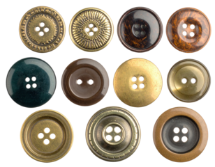 A collection of decorative buttons featuring various designs, colors, and materials arranged in a grid pattern.