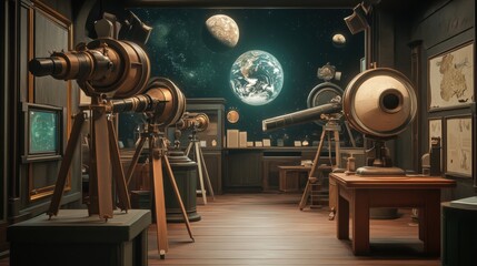 Fototapeta premium Antique telescopes in a historical observatory, showcasing astronomical artifacts.