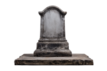 A gray stone headstone sits on a white background