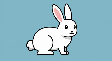 Obraz premium Cartoon White Rabbit Illustration with Black Outline on Light Blue Background.