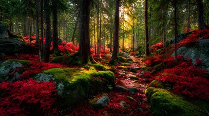 Fototapeta premium Panoramic Autumn Forest Landscape Boasting a Vibrant Mosaic of Red Leaves, Emerald Moss, and Weathered Stones under Golden Sunlight