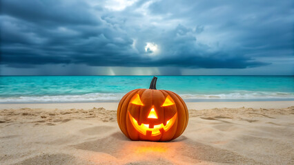 Spooky jack o lantern halloween pumpkin glowing on a sandy tropical beach with turquoise ocean and dramatic cloudy sky