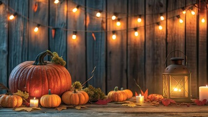 Obraz premium Cozy autumn still life with pumpkin and warm glowing lantern on rustic wooden background, festive fall scene with soft lighting and decorative string lights.