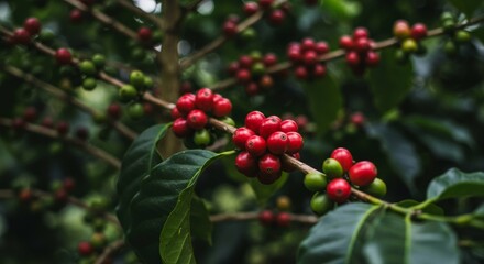 Coffee cherries on a branch at a plantation.

