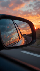 Sunset sky reflected in car side mirror.