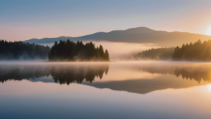 Fototapeta premium A calm lake at dawn, surrounded by pine trees and distant mountains. Mist rising from the water, mirror-like reflection, soft golden light.