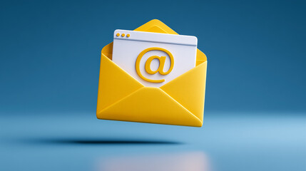 A cartoonish, letter with an yellow envelope, on a blue background. The letter is open and has white paper coming out from inside it.