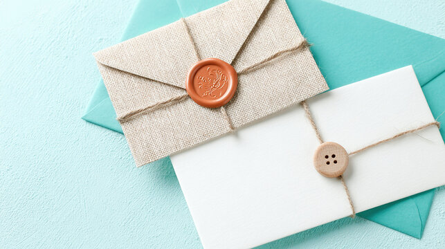 Two envelopes placed on a light turquoise fabric background.