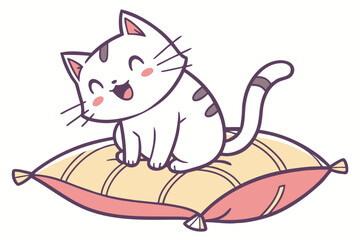 Fototapeta premium Cartoon Cat Sitting on Pink Pillow – Whimsical Animal Illustration with Tassels and Striped Tail