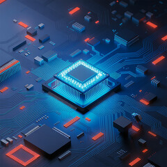 Macro closeup of a printed circuit board with a processor chip, a crucial component of modern computer technology and electronic hardware.
