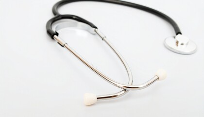 A black stethoscope coiled on white—symbol of care, diagnosis, and the quiet precision of medical listening.