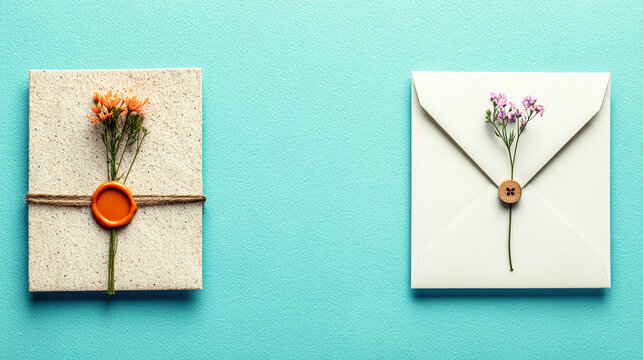 Two envelopes placed on a light turquoise fabric background.