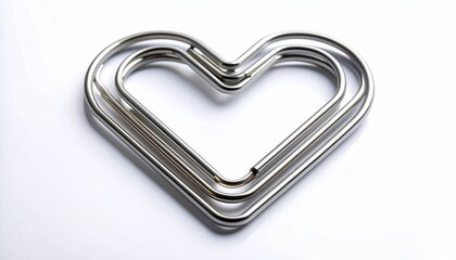 Fototapeta premium Two interlocking metallic heart-shaped frames rest on a soft white surface—sleek, cold, and precise, yet unmistakably tender in form. Their nested geometry evokes themes of containment