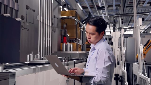Side View Of An Asian Male Professional Worker Use Laptop, Automated Battery Production Line in a Modern Factory,  He Is Nodding His Head With Dissapionted