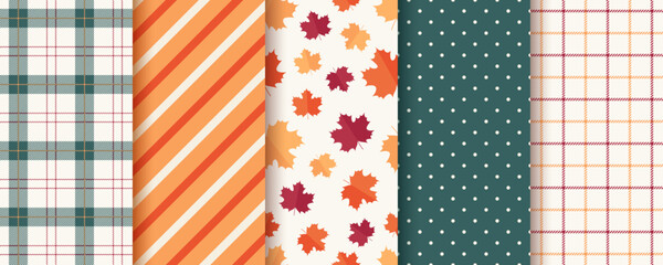 Autumn pattern. Seamless backgrounds with fall leaves, polka dots, check, and zigzag. Set autumnal textures. Seasonal geometric prints. Collection harvest wallpapers. Vector illustration.