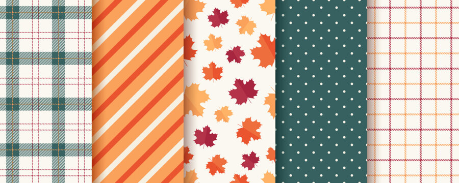 Autumn pattern. Seamless backgrounds with fall leaves, polka dots, check, and zigzag. Set autumnal textures. Seasonal geometric prints. Collection harvest wallpapers. Vector illustration.