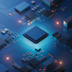 Abstract blue technology background of a computer circuit board with green electronic components and a microchip processor.