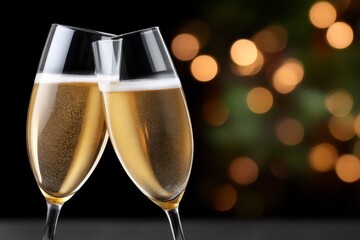 Two champagne glasses toasting with bokeh background celebrating festive occasion