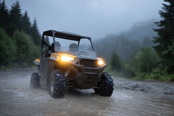 Off-road adventure atv navigating muddy trail in misty forest