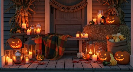 Rustic Porch Aglow with Candlelight and Jack-o'-Lanterns for a Cozy Halloween Night.