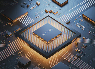 Printed circuit board background featuring the intricate macro digital components of a computer motherboard.