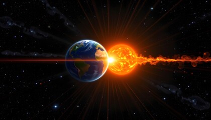 earth and sun connected by a sharp heatwave line, geometric layout