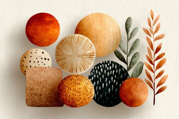 A collection of abstract shapes and patterns, including circles, squares