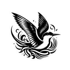 Obraz premium Elegant bird in flight with stylized waves isolated on white background