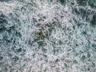 Aerial top view of Black sea coast with big waves near Alepui wild beach, Bulgaria. Drone picture. 