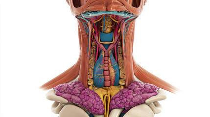 thyroid gland and larynx .Human thyroid anatomy. 3d illustration. isolated on white background. Medical Illustration of Human Neck Muscles and Structures
