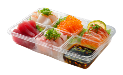 Fresh and Delicious Japanese food Mix Sashimi with soy sauce in plastic tray, take away concept isolated on a transparent background
