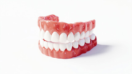 Obraz premium Artificial teeth on a white background with copy space. Full denture dentures close-up. Dental care concept. For dental clinics and treatments. 3d illustration. 