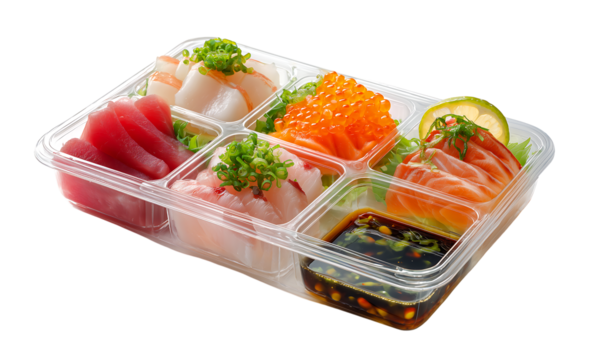 Fresh and Delicious Japanese food Mix Sashimi with soy sauce in plastic tray, take away concept isolated on a transparent background