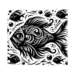 A black and white illustration of a fish isolated on white background