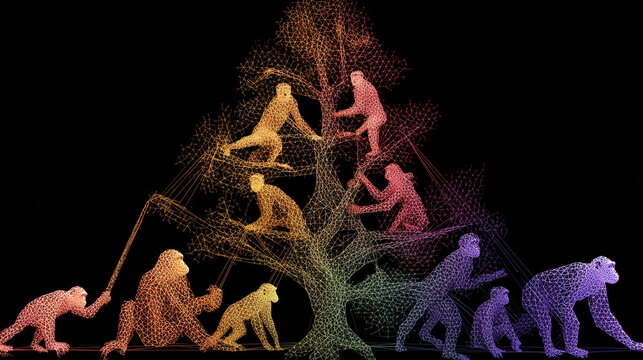 A translucent evolutionary tree with glowing nodes, tracing hominid species development.