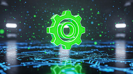 Green Gear Hologram over Futuristic Circuit Board: Technology Innovation Concept