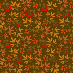 Seamless Autumn Pattern with Branches, Berries and Leaves in Warm Colors