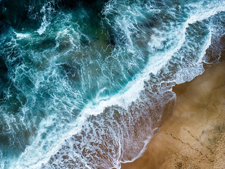Aerial top view of Black sea coast with big waves near Alepui wild beach, Bulgaria. Drone picture. 