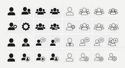 Vector Icons Set of Comprehensive User and Group Icon Set with Solid and Outline Styles for Modern UI Design. Vector Illustrations. EPS Editable