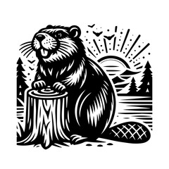 Happy beaver working on wood isolated on white background, a symbol of nature