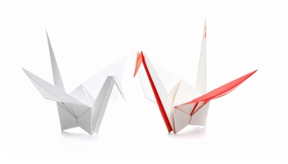 Two origami paper cranes&mdash;one white, one accented with red&mdash;poised in quiet symmetry on a white background, evoking themes of peace, fragility, and the delicate art of transformation.