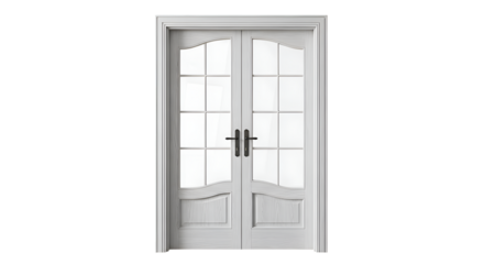Illustrates a White Wooden French Doors with Glass Panes on Transparent Background