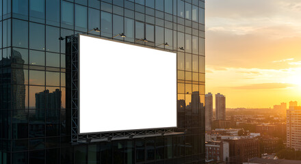 A blank white billboard mockup on a modern glass skyscraper at sunset over a city skyline.