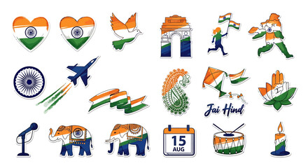 Vector Icons Set of Patriotic Indian Sticker Set Illustrated Icons for Independence Day Celebration. Vector Illustrations. EPS Editable